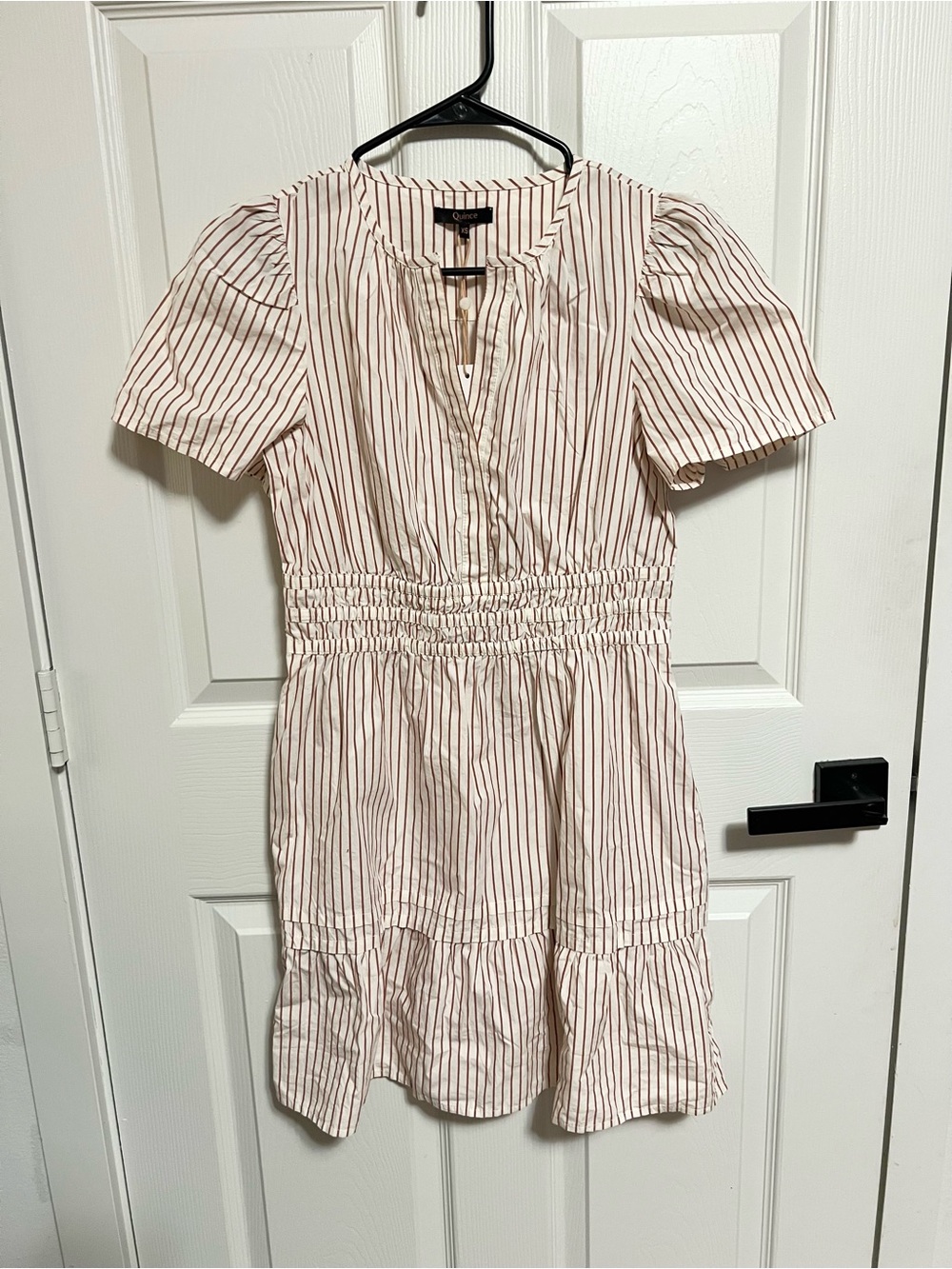 NWT Quince striped Organic Cotton Tiered Mini Dress XS Women's Pockets Poplin